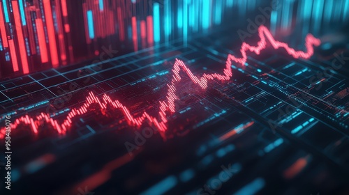 3D graph illustrating credit rating changes alongside risingfalling stock market trends, highlighting investment risk assessment photo