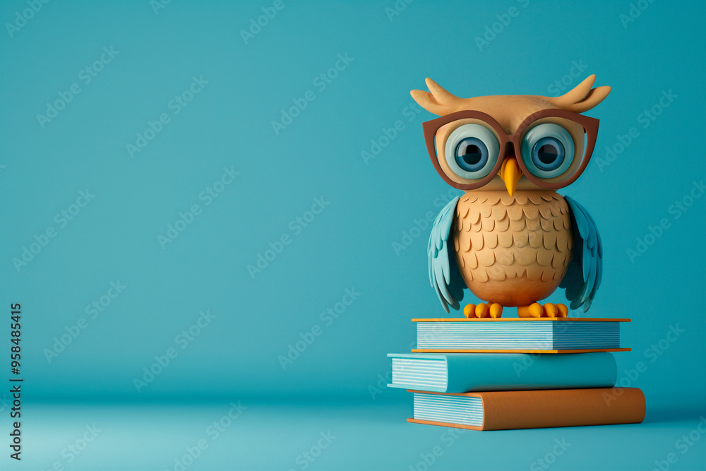 cute owl character sitting on a stack of books, children's education concept cute owl character sitting on a stack of books, children's education concept