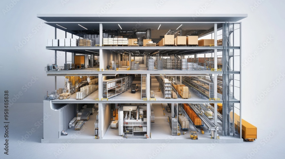 A detailed model of a modern warehouse showcasing storage systems, shelves, and organized goods for efficient inventory management. A detailed model of a modern warehouse showcasing storage systems, shelves, and organized goods for efficient inventory management.