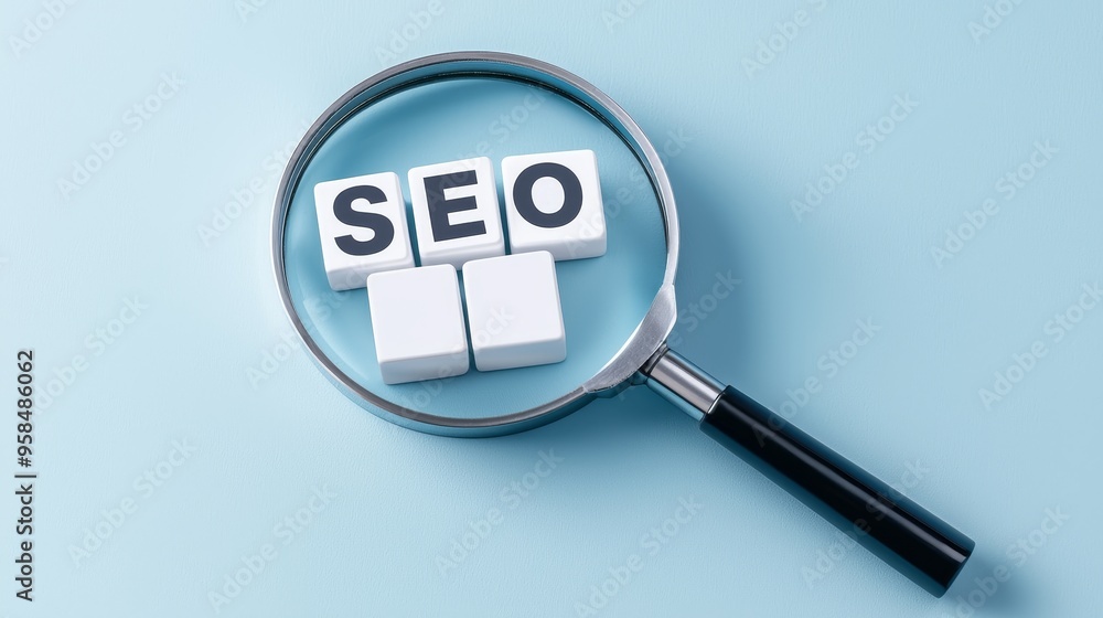 A magnifying glass over blocks spelling SEO, symbolizing the search for optimization techniques in digital marketing. A magnifying glass over blocks spelling SEO, symbolizing the search for optimization techniques in digital marketing.