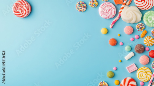 assorted candies on a blue background with ample copy space photo