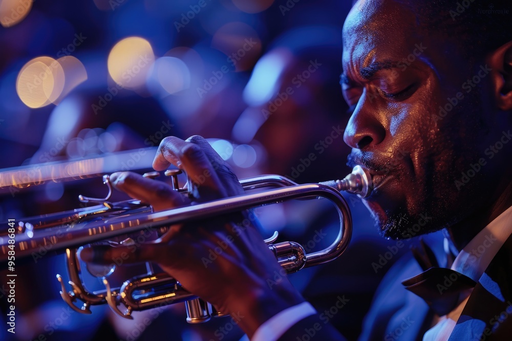 Obraz premium Close-Up of Trumpet Player in a Jazz Band Performance Under Dramatic Lighting