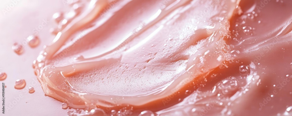 Close-up of a smooth, glossy gel with a pink hue, showcasing light reflections and water droplets. Close-up of a smooth, glossy gel with a pink hue, showcasing light reflections and water droplets.