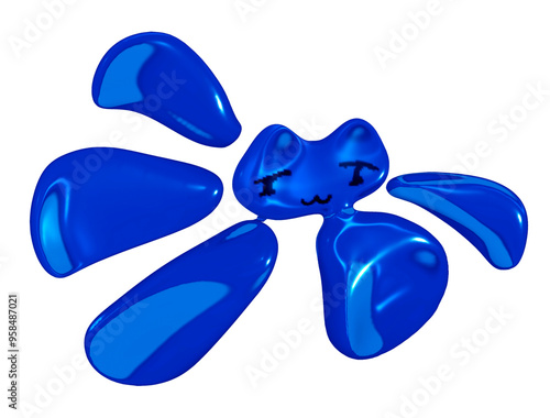 3D Blue Glossy Aqua Cat Flower Y2K Frutiger Aero Element