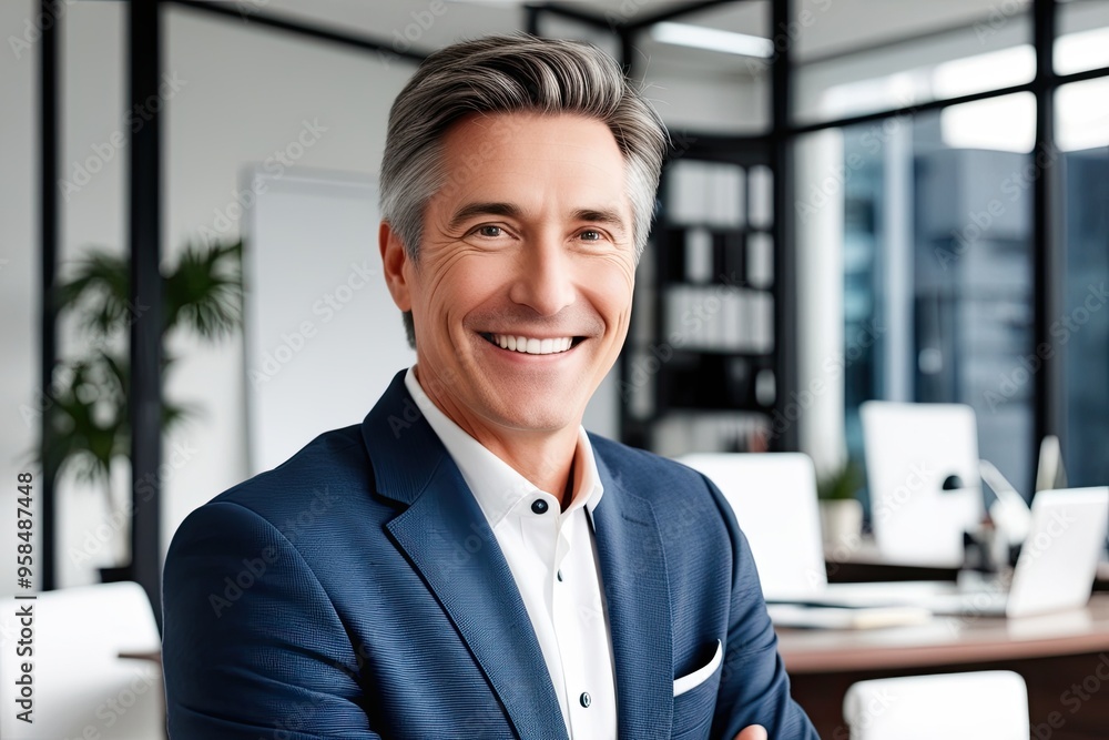 Contented 50 Year Old Business Executive Smiling in Elegant Office Portrait Contented 50 Year Old Business Executive Smiling in Elegant Office Portrait