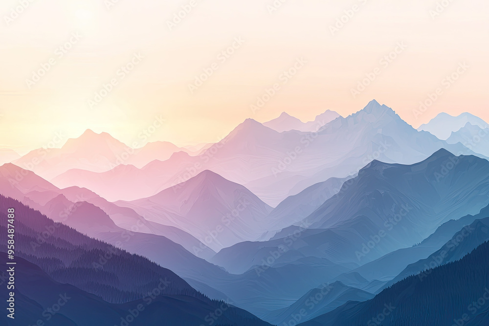 Fototapeta premium A Serene Sunrise Over Misty Mountain Ranges, Bathed in Soft Pastel Hues. A Tranquil Landscape Evoking Peace and Tranquility.