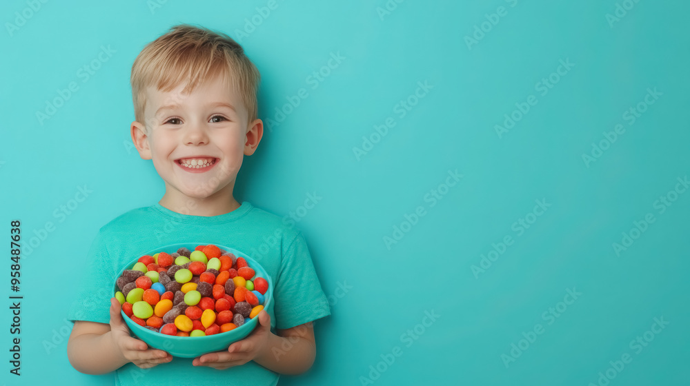 happy little boy holding a colorful bowl of assorted candies, with copy space for text happy little boy holding a colorful bowl of assorted candies, with copy space for text