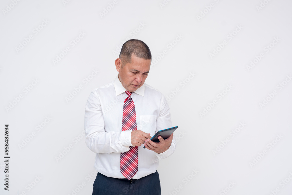 A middle aged office professional busy reading reports on his tablet. Isolated on a white background. A middle aged office professional busy reading reports on his tablet. Isolated on a white background.