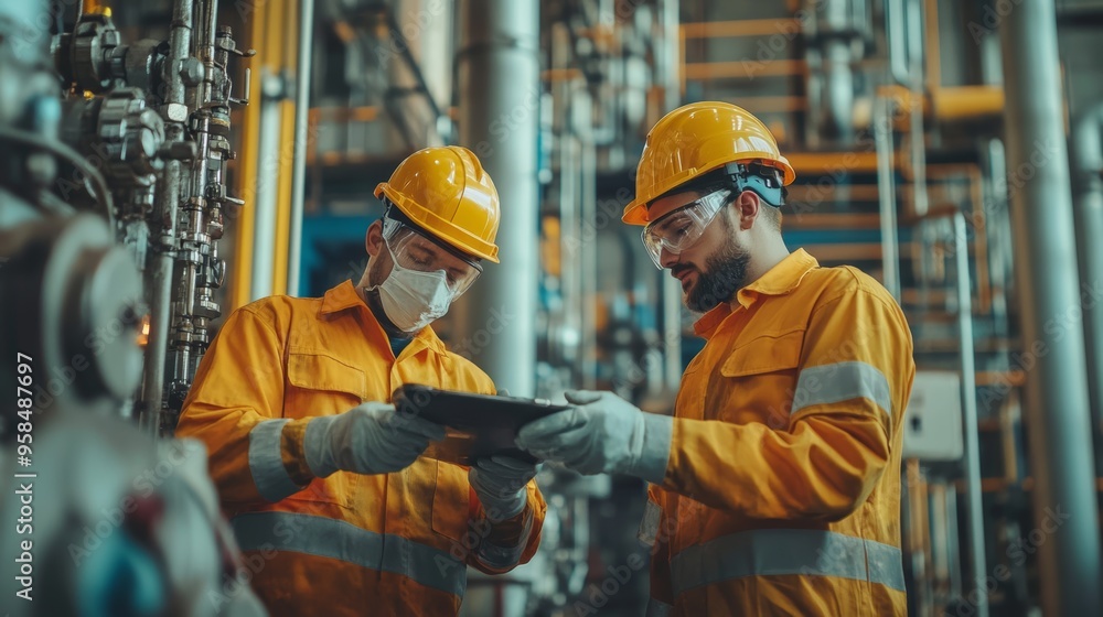 Oil Industry Professionals: Teamwork and Safety with Protective Gear Oil Industry Professionals: Teamwork and Safety with Protective Gear