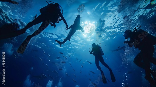 Wallpaper Mural a diver who is side by side with a shark in the deep ocean Torontodigital.ca