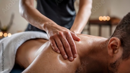 Relaxing back massage. Wellness therapy in spa environment. Stress relief and relaxation concept. Ideal for health and wellness applications. Design for pamphlets, brochures, and flyers. Closeup view.