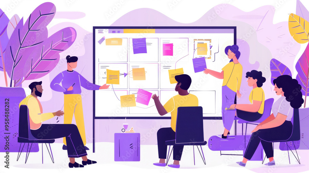 A team discusses ideas using sticky notes on a digital board in a bright, contemporary office filled with plants A team discusses ideas using sticky notes on a digital board in a bright, contemporary office filled with plants