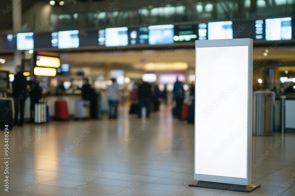 Empty billboard stands in a bustling airport terminal with blurred travelers and staff in the background Empty billboard stands in a bustling airport terminal with blurred travelers and staff in the background