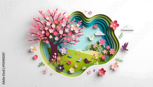 Paper cut and Craft Scene of Scenic Cherry blossoms landscape