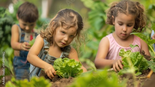 Farm-to-table education, with kids visiting a farm and picking vegetables