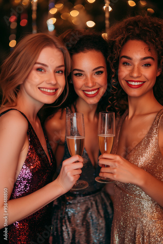 three beautiful girls in sparkly dresses holding glasses of champagne at a party