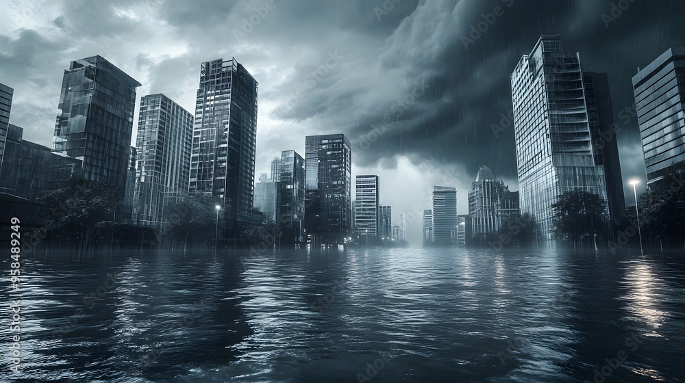 Fototapeta premium Dramatic flood in modern city with dark storm clouds, showcasing the power of nature over urban structures, symbolizing climate change effects.