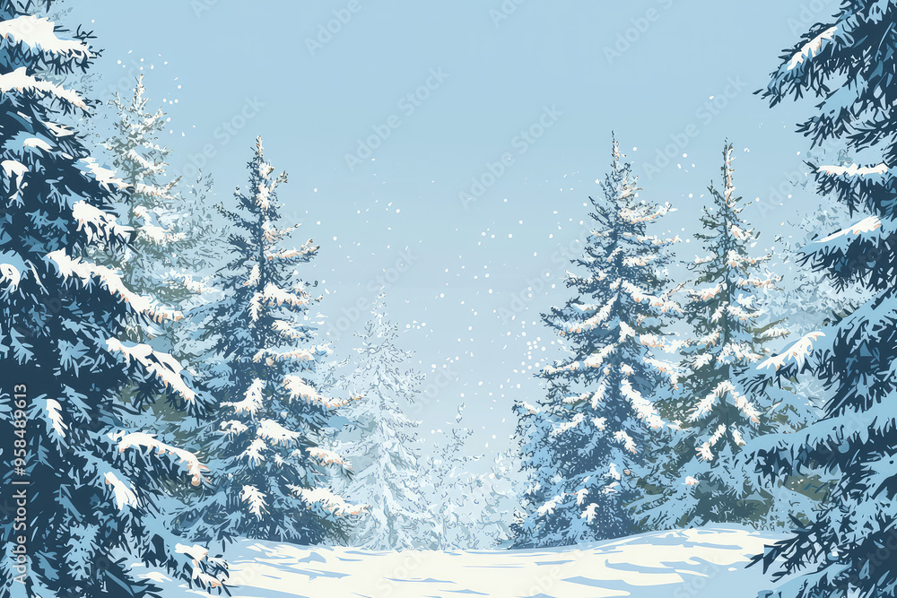 Fototapeta premium Winter Wonderland: A Serene Forest Cloaked in Snow, Softly Falling Through a Pale Blue Sky