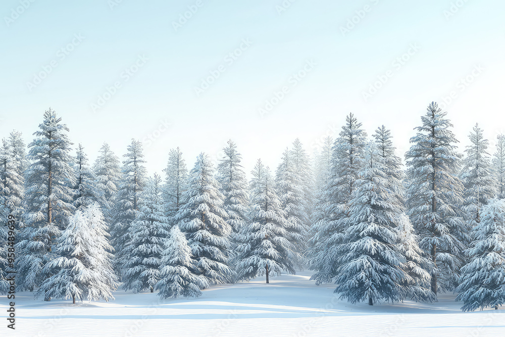 A serene winter wonderland, where snow-laden pine trees stand tall against a pale blue sky, creating a picturesque scene of tranquility. A serene winter wonderland, where snow-laden pine trees stand tall against a pale blue sky, creating a picturesque scene of tranquility.
