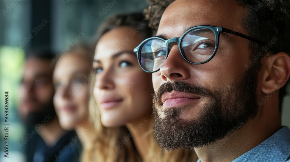 A team members' faces as they discuss corporate success strategy, with a focus on sharpness and clarity A team members' faces as they discuss corporate success strategy, with a focus on sharpness and clarity