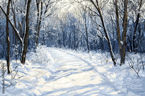 A Path Through Winter's Embrace: A snowy path winds through a frosty forest, inviting you to explore a world of serene beauty.