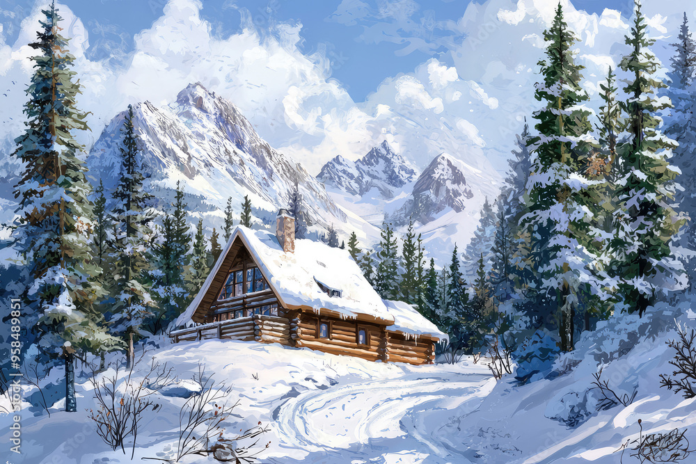 A Cozy Cabin Nestled Amidst Snow-Capped Peaks, Where Winter's Magic Takes Hold. A Cozy Cabin Nestled Amidst Snow-Capped Peaks, Where Winter's Magic Takes Hold.