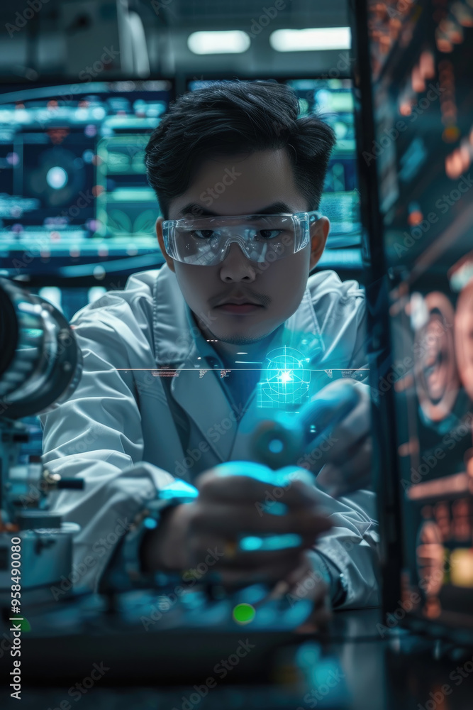 A researcher in protective goggles focuses on a holographic display, manipulating tools and data in a high-tech laboratory environment A researcher in protective goggles focuses on a holographic display, manipulating tools and data in a high-tech laboratory environment