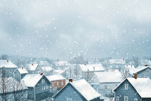 A blanket of snow softly falls, covering the rooftops of a quaint town, creating a serene winter scene.