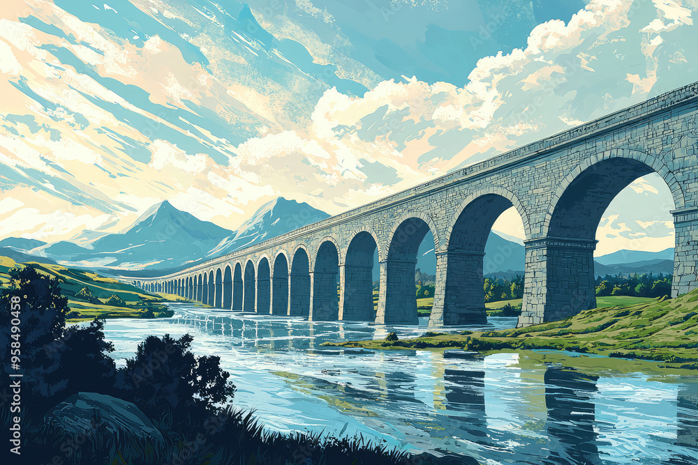 Fototapeta premium A Majestic Stone Bridge Arches Over a Serene River, Its Reflection Mirroring the Tranquil Sky and Lush Green Hills.
