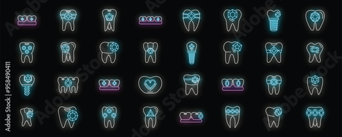 Glowing neon icons featuring tooth gems, implants, braces, and other dental treatments, ideal for dentists and dental clinics