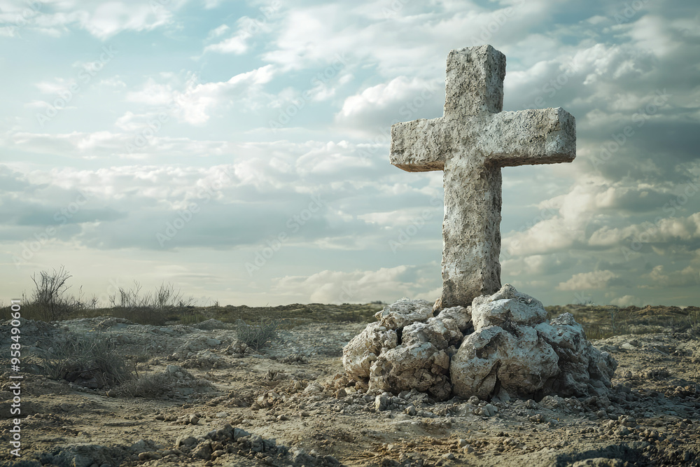 A weathered stone cross stands tall against a backdrop of swirling clouds, a testament to faith and resilience in a desolate landscape. A weathered stone cross stands tall against a backdrop of swirling clouds, a testament to faith and resilience in a desolate landscape.