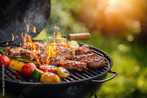 Sizzling Summer Delight: Juicy meat and colorful veggies grilling on a fiery barbecue, a perfect outdoor feast. photo