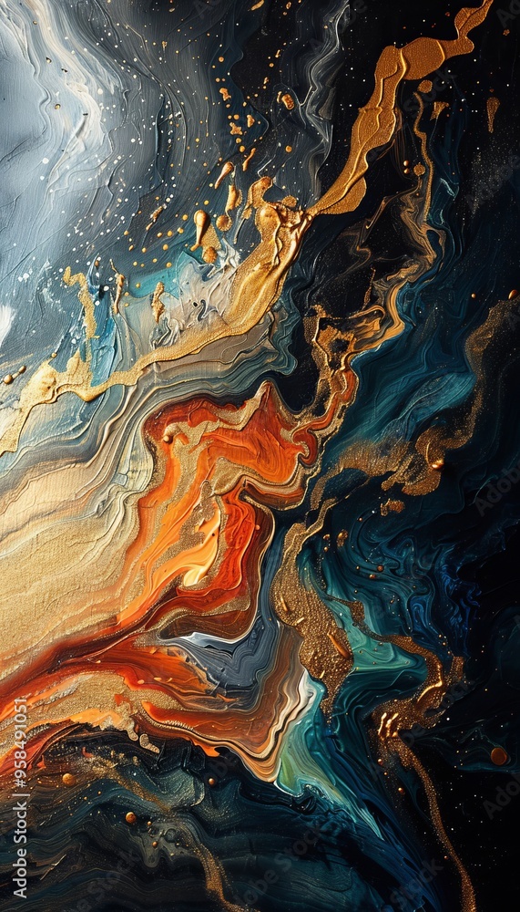 Abstract Swirls of Gold Teal and Orange Paint Abstract Swirls of Gold Teal and Orange Paint