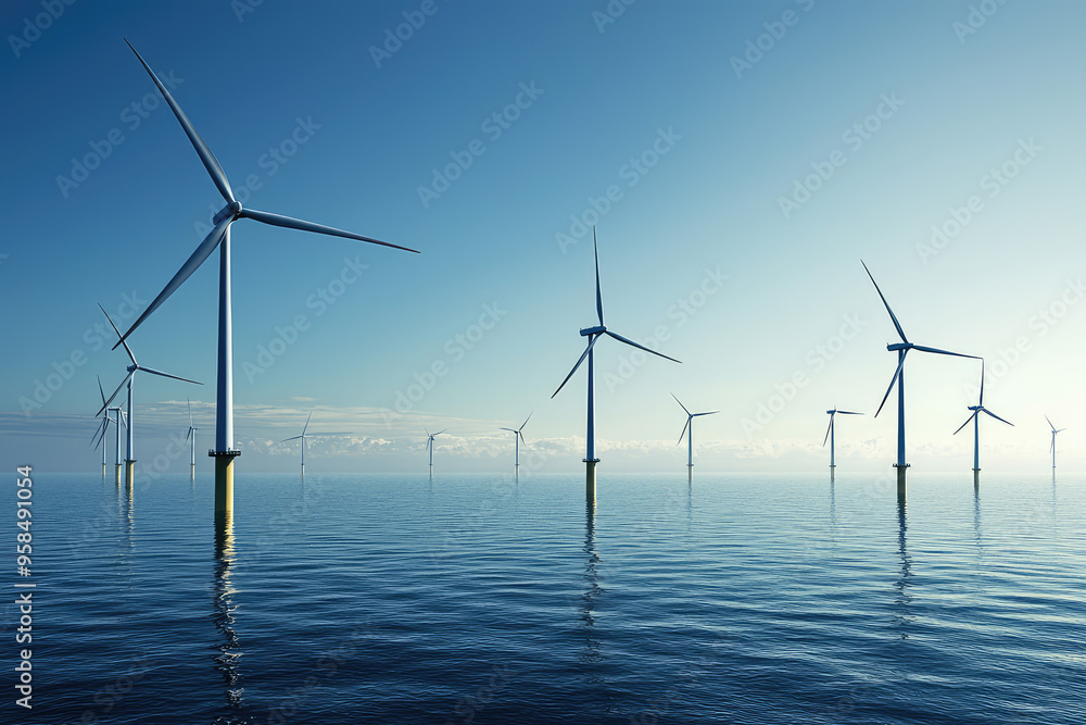 A Serene Symphony of Wind and Water: Offshore Wind Farm in a Tranquil Seascape A Serene Symphony of Wind and Water: Offshore Wind Farm in a Tranquil Seascape