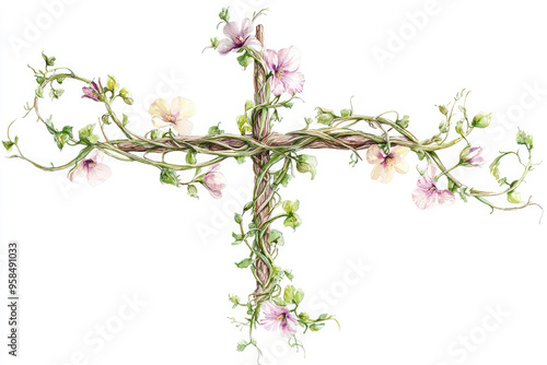 A Delicate Cross of Vines and Blossoms: A Watercolor Illustration of Faith and Nature's Embrace