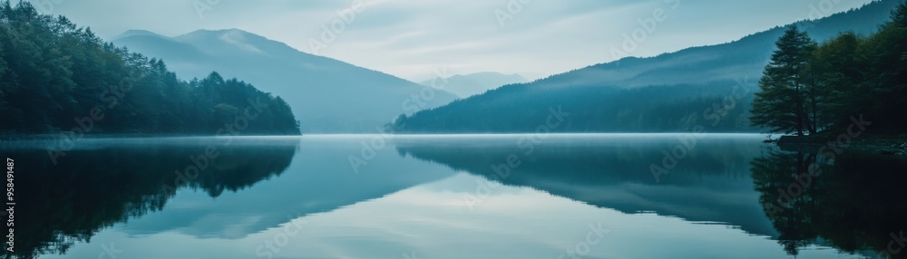 Tranquil lake surrounded by misty mountains, reflecting serene blue hues in the water, creating a peaceful, natural landscape. Tranquil lake surrounded by misty mountains, reflecting serene blue hues in the water, creating a peaceful, natural landscape.