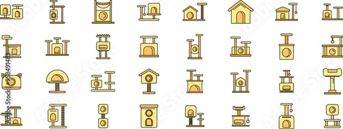 Large set of cat trees and scratching posts with hammocks and houses icons showing a variety of styles for feline entertainment