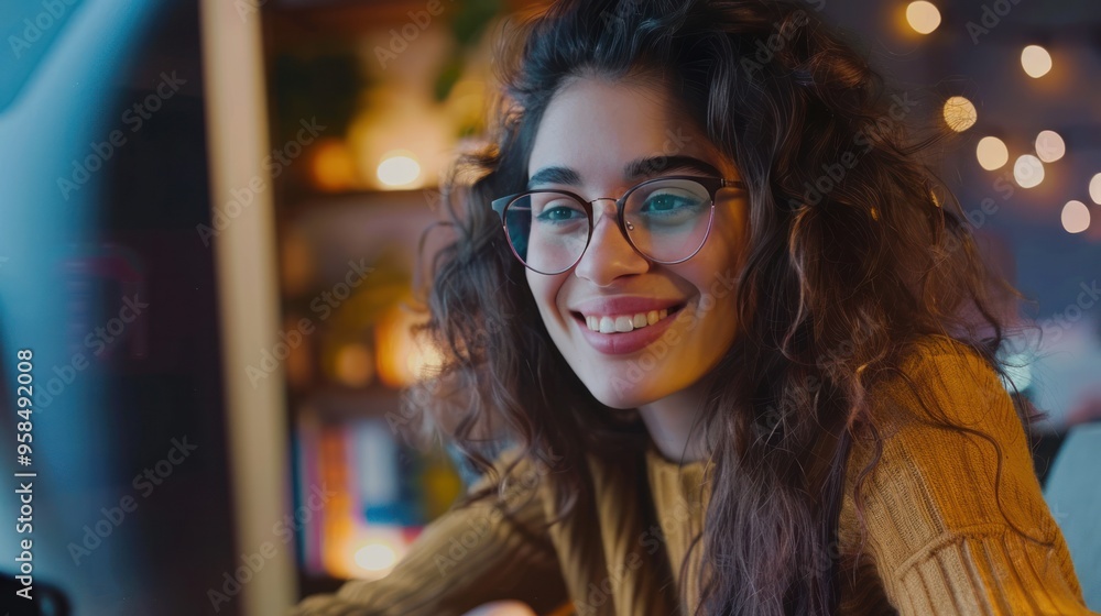 Business communication via video chat, with a woman smiling and taking notes Business communication via video chat, with a woman smiling and taking notes
