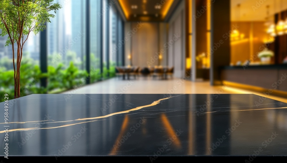 Fototapeta premium Beautiful Black Marble Tabletop with a Blurred Modern Kitchen Background