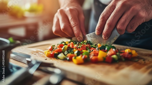 Close-up of a chef's hand chopping vegetables on a wooden cutting board.