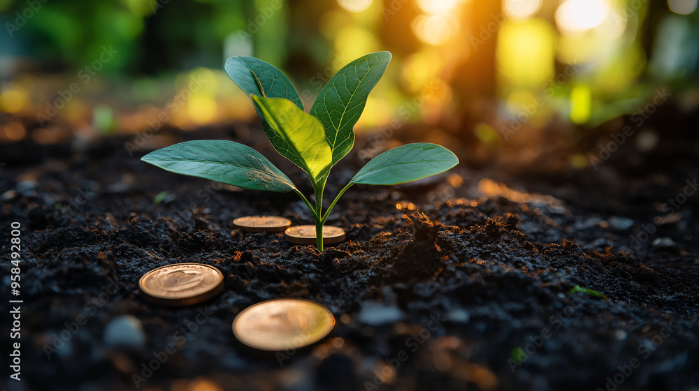 Green Sprout Growing From Coins in Soil Green Sprout Growing From Coins in Soil