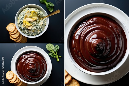 Modern Spinach Artichoke Dip and Decadent Chocolate Fondue Delightful Snack and Dessert Dips on Vibrant and Dark Backgrounds