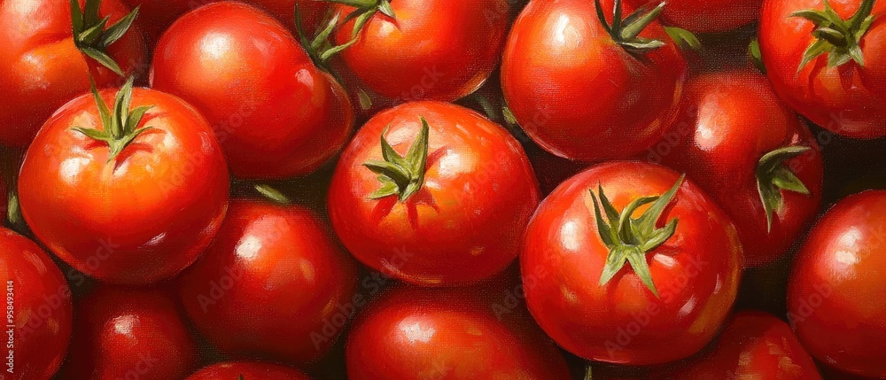 Close up oil painting featuring vibrant red ripe tomatoes creating a rich and detailed background Close up oil painting featuring vibrant red ripe tomatoes creating a rich and detailed background