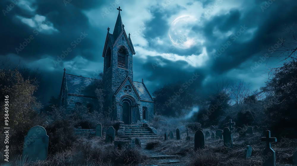 Obraz premium Halloween night by the old church under the moonlit sky. Halloween ghost cemetery with dark clouds. Graves in the cemetery at dusk. Spooky dark night full moon 