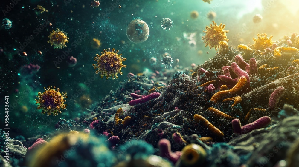 Fototapeta premium Trash infested with visible germs and bacteria, depicting contamination with space for spreading awareness.