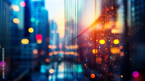 A close-up shot of a glass building reflecting the city lights at night. The lights are blurred and create a beautiful bokeh effect.