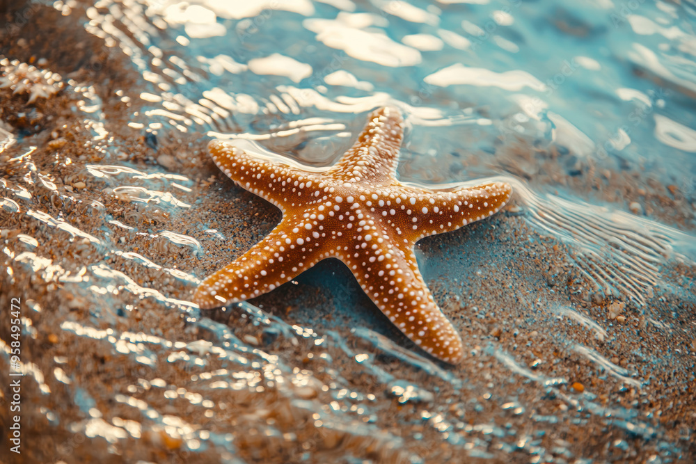 Starfish on the summer beach in sea water. Summer background. Summer time. Starfish on the summer beach in sea water. Summer background. Summer time.