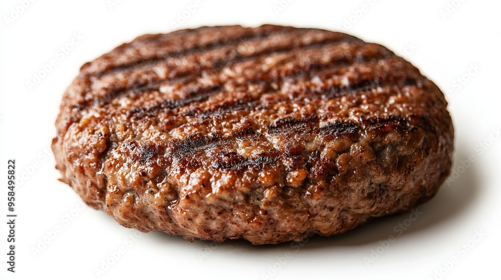 Isolated on a stark white backdrop, a sizable patty of flame-grilled hamburger meat presents a tantalizing image, inviting tantalizing thoughts of juicy indulgence. Isolated on a stark white backdrop, a sizable patty of flame-grilled hamburger meat presents a tantalizing image, inviting tantalizing thoughts of juicy indulgence.
