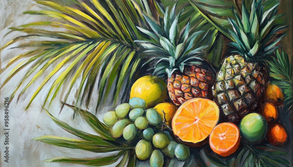 Oil painting depicting a vibrant tropical composition featuring green palm leaves and assorted fruits on a gray backdrop Ideal for summer themed projects with flat lay and copy space Oil painting depicting a vibrant tropical composition featuring green palm leaves and assorted fruits on a gray backdrop Ideal for summer themed projects with flat lay and copy space