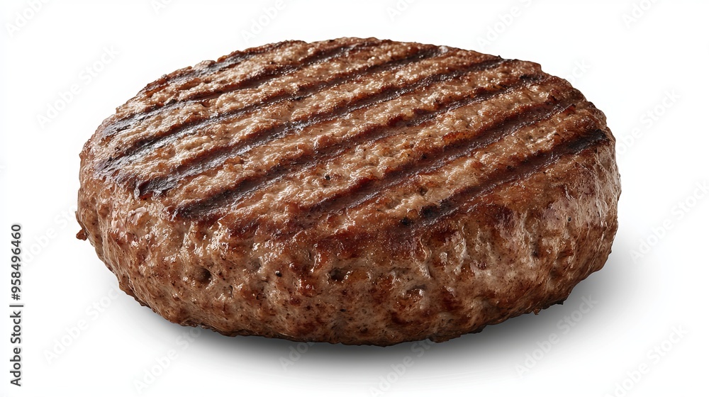 Isolated on a stark white backdrop, a sizable patty of flame-grilled hamburger meat presents a tantalizing image, inviting tantalizing thoughts of juicy indulgence. Isolated on a stark white backdrop, a sizable patty of flame-grilled hamburger meat presents a tantalizing image, inviting tantalizing thoughts of juicy indulgence.
